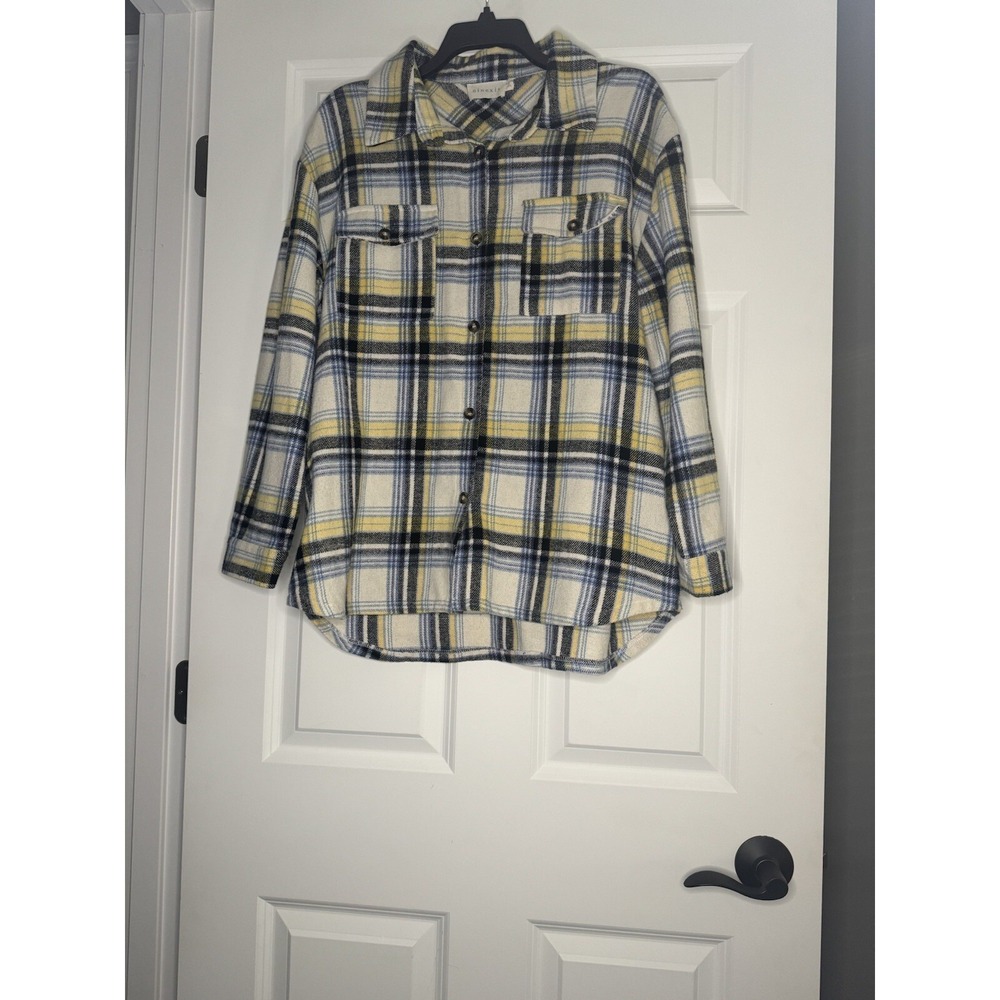 Ninexus Button Down Plaid Shacket Jacket Blue Yellow Cream Small/medium